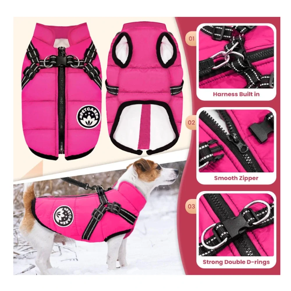 Petcare Dog Coat with Reflective Harness Built in Waterproof Jackets Warm Pet LG